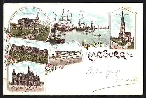 Lithographie Hamburg-Harburg, hafe, Schützenpark, Pionierkaserne, Rathaus, Evang. kirche, Elbbrücke