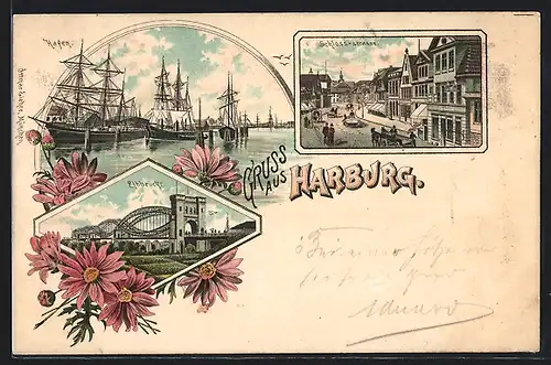 Lithographie Hamburg-Harburg, Blick in die Schloss-Strasse, Hafen und Elbbrücke