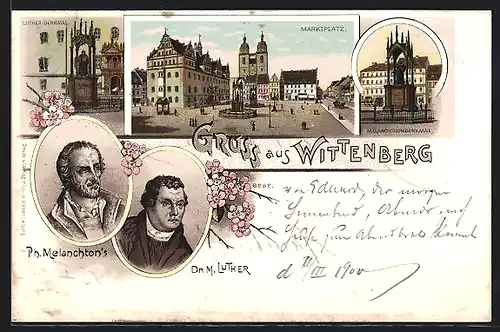 Lithographie Wittenberg, Melanchthonfeier 16.2.1897, Marktplatz, Luther-Denkmal