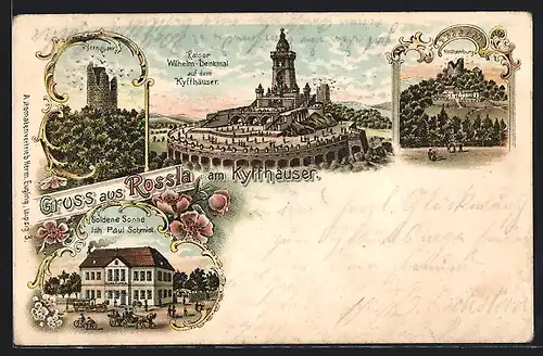 Lithographie Rossla am Kyffhäuser, Kaiser-Wilhelm-Denkmal, Rothenburg, Gasthaus Goldene Sonne