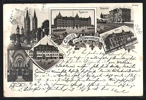 Vorläufer-Lithographie Naumburg / Saale, 1895, Dom, Rathaus, Kaserne, Bahnhof