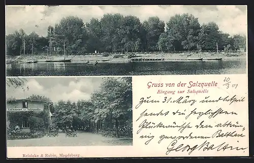 AK Magdeburg, Gasthaus zur Salzquelle, Uferpartie