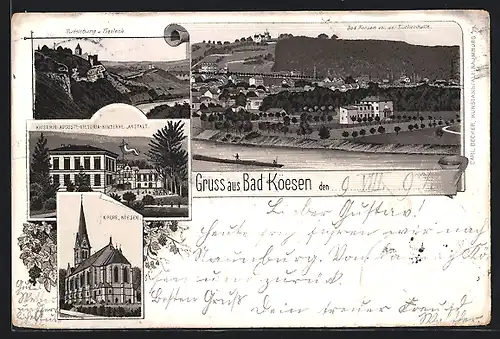 Lithographie Bad Kösen, Kaiser Auguste-Victoria-Kinderheilanstalt, Rudelsburg u. Saaleck