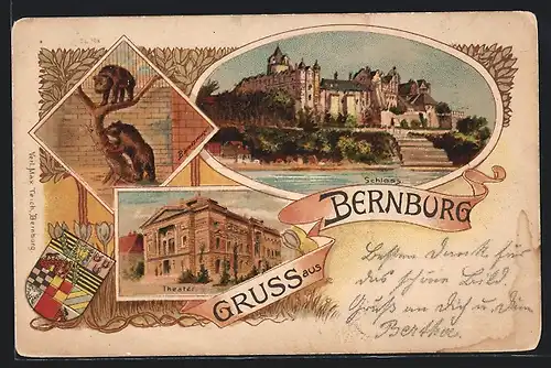 Lithographie Bernburg, Schloss, Theater, Bärenzwinger, Wappen