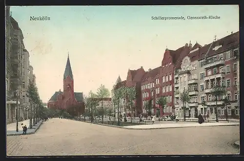 AK Berlin-Neukölln, Schillerpromenade mit Genezareth-Kirche