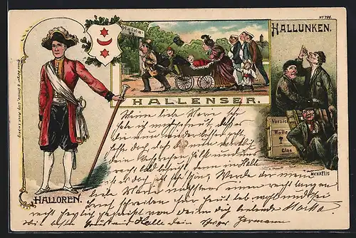 Lithographie Halle / Saale, Hallenser, Halloren und Hallunken