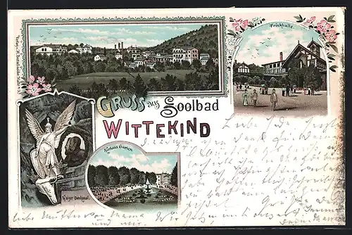 Lithographie Soolbad Wittekind, Ortspartie, Panorama, Trinkhalle, Kurhausgarten