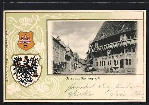 Passepartout-Lithographie Stolberg a. H., Platz mit Brunnen, Wappen