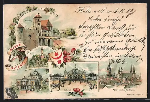 Lithographie Halle / Saale, Moritzburg, Ruine Giebichenstein, Bahnhof, Roter Turm & Marktkirche