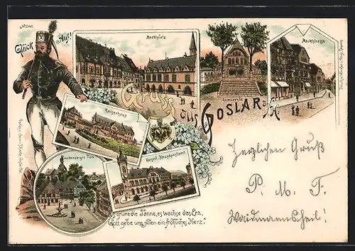 Lithographie Goslar a. H., Frankenberger Platz, Kaiserl. Hauptpostamt, Kaiserhaus, Marktstrasse, Bergmann