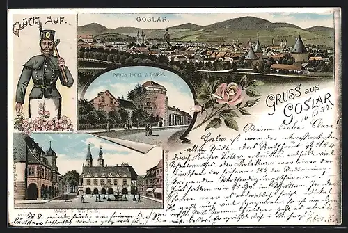 Lithographie Goslar, Totalansicht, Paul's Hotel U. Thurm
