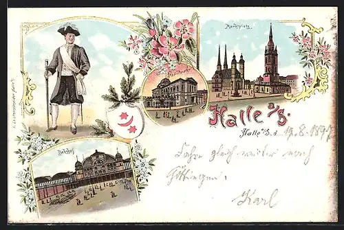 Lithographie Halle a. S., Bahnhof, Stadttheater, Marktplatz, Tracht