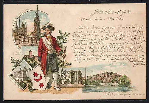 Lithographie Halle a. S., Universität, Stadttheater, Marktkirche