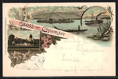 Lithographie Fraueninsel, Ortspartie an der Kirche, Totalansicht der Fraueninsel