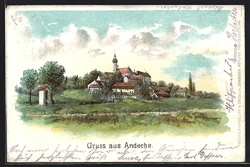 Lithographie Andechs, Blick auf die Ortschaft mit Kloster