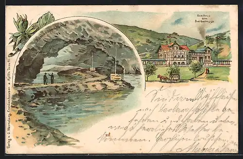 Lithographie Rottleben, Gasthaus zum Barbarossa, Barbarossahöhle