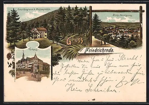 Lithographie Friedrichroda, Kurhaus, Lauchagrund & Massenmühle, Totalansicht