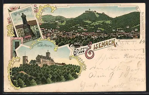 Lithographie Eisenach, Panoramaansicht, Wartburg, Lutherdenkmal