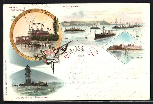 Lithographie Kiel, See Badenanstalt, Kriegshafen, Leuchtturm, Friedrichsort, Wappen