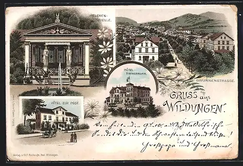 Lithographie Bad Wildungen, Hotel Zimmermann, Helenen-Quelle, Hotel zur Post
