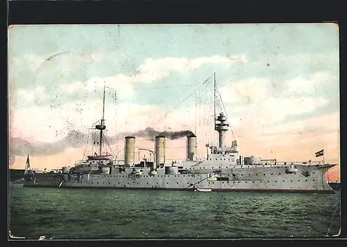 AK Kriegsschiff S.M.S. Lübeck liegt vor Anker, Beiboot auf Steuerbord