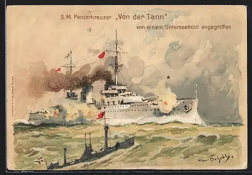 Künstler-AK Hans Bohrdt: Panzerkreuzer Von der Tann von einem Unterseeboot angegriffen