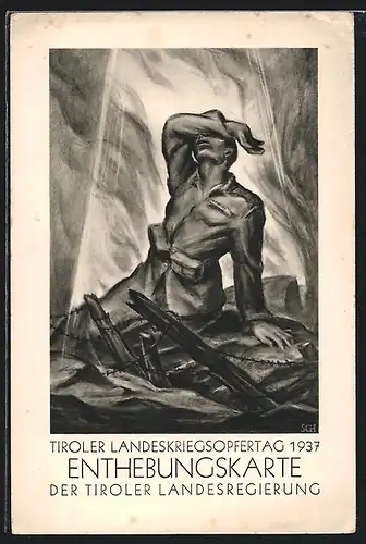 AK Tiroler Landeskriegsopfertag 1937, Erhebungskarte der Tiroler Landesregierung, Soldat auf dem Schlachtfeld
