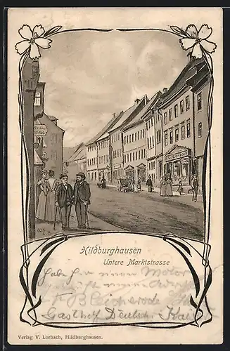 Künstler-AK Hildburghausen, Geschäfte in der unteren Marktstrasse