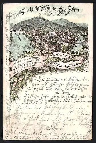 Künstler-AK Neckargemünd, Ortsansicht mit Dampfer und Brücken