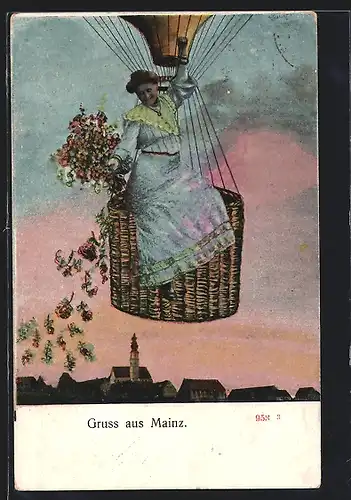 AK Mainz, Frau im Ballon wirft Blumen über der Stadt ab