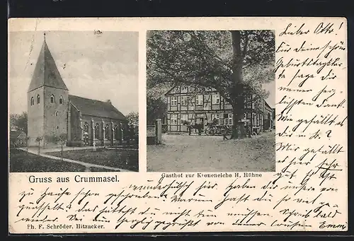 AK Crummasel, Gasthof zur Kroneneiche von H. Hühne, Kirche