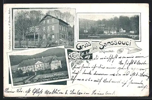 AK Balve, Hotel-Gasthaus Sanssouci, Schloss Wocklum, Logierhaus