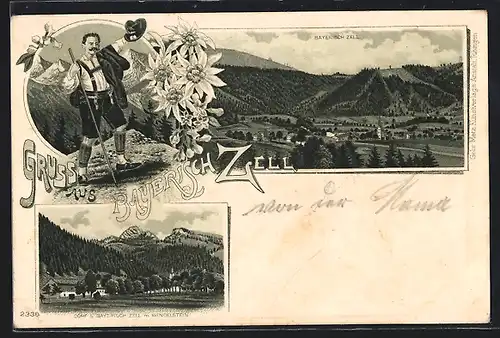 Lithographie Bayrischzell, Gesamtansicht mit Wendelstein, Wanderer