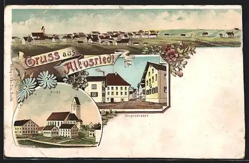 Lithographie Altusried, Blick in die Hauptstrasse, Kirche, Panorama