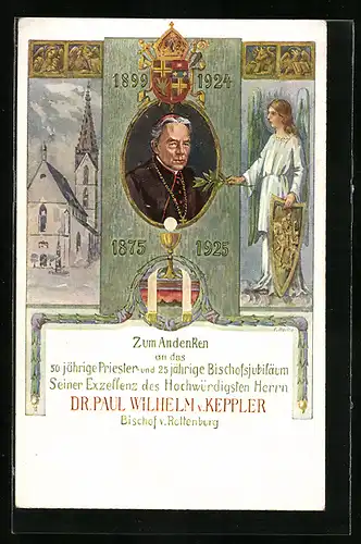 Künstler-AK Rottenburg, Portrait Bischof Paul Wilhelm von Keppler, Kirche und Engel