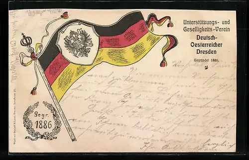 Lithographie Dresden, Flagge vom Unterstützungs- und Geselligkeits-Verein Deutsch-Oesterreicher Dresden, gegr. 1886