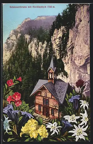 AK Breitenau am Hochlantsch, Schüsserlbrunn, Kirche mit Edelweiss aus der Vogelschau