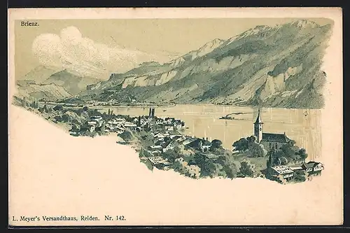 Lithographie Brienz, Ortsansicht mit Blick über den See