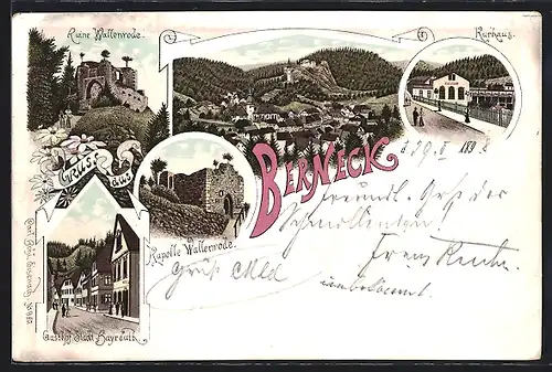 Lithographie Berneck, Ortsansicht, Ruine Wallenrode, Gasthof Stadt Bayreuth