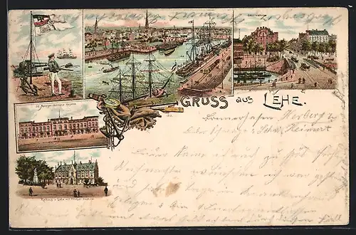 Lithographie Lehe, Hafenansicht, 3. Matrosen-Artillerie-Kaserne, Geestebrücke
