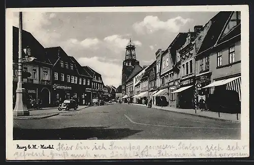 AK Burg, Markt mit Geschäften