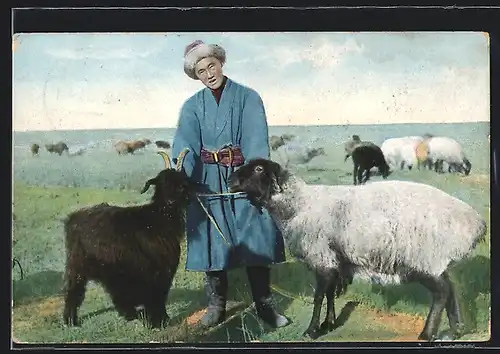 AK russischer Schafhirte in Zentral-Asien hat zwei Schafe zusammengebunden