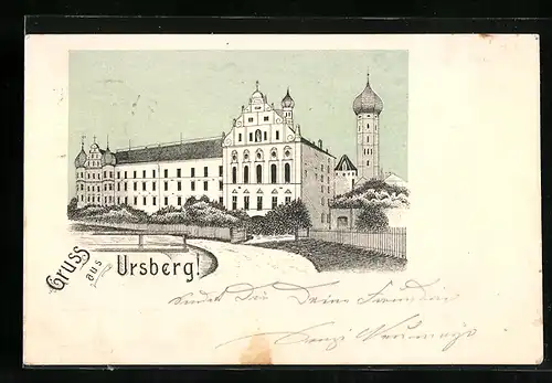 Lithographie Ursberg, Ansicht vom Schloss