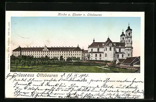 Goldfenster-AK Ottobeuren, Kirche und Kloster mit leuchtenden Fenstern