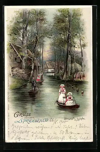 Lithographie Lehde, Wasserstrasse, Ruderboote, Frauen in Tracht