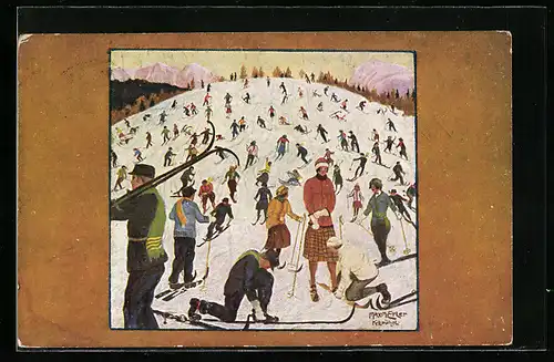 Künstler-AK Berg voller Skiläufer