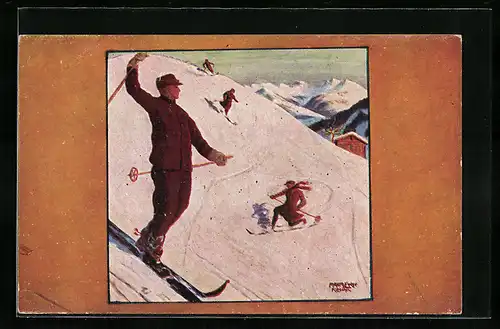 Künstler-AK Skiläufer während der Abfahrt