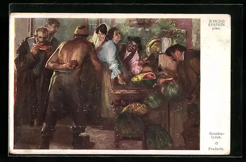 Künstler-AK sign. Jehudo Epstein: Kunden im Gemüseladen mit Wassermelonen