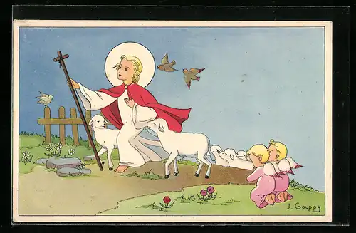Künstler-AK sign. J. Gouppy: Engel mit Lämmern