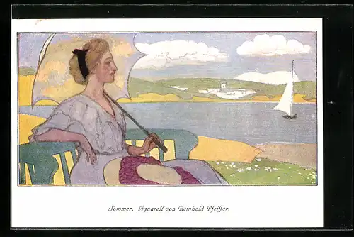 Künstler-AK sign. Rheinhold Pfeiffer: Dame sitzt auf einer Bank am See, Sommer